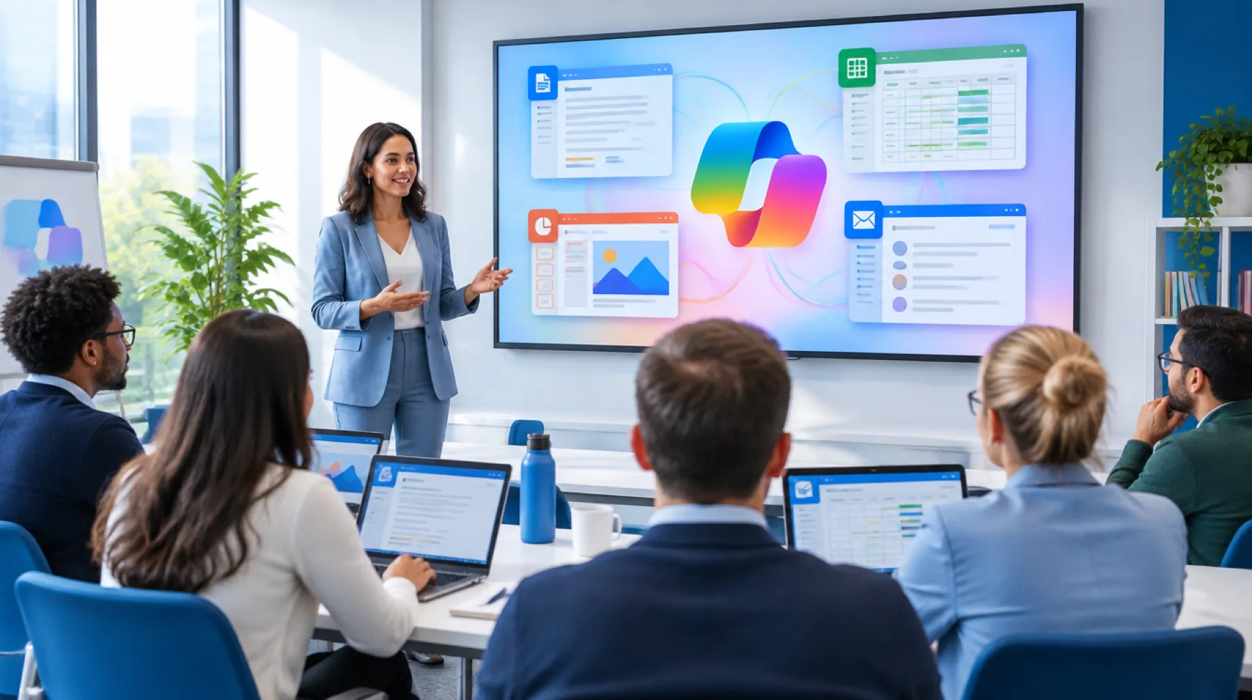 A trainer leading a hands-on Copilot session for a company team