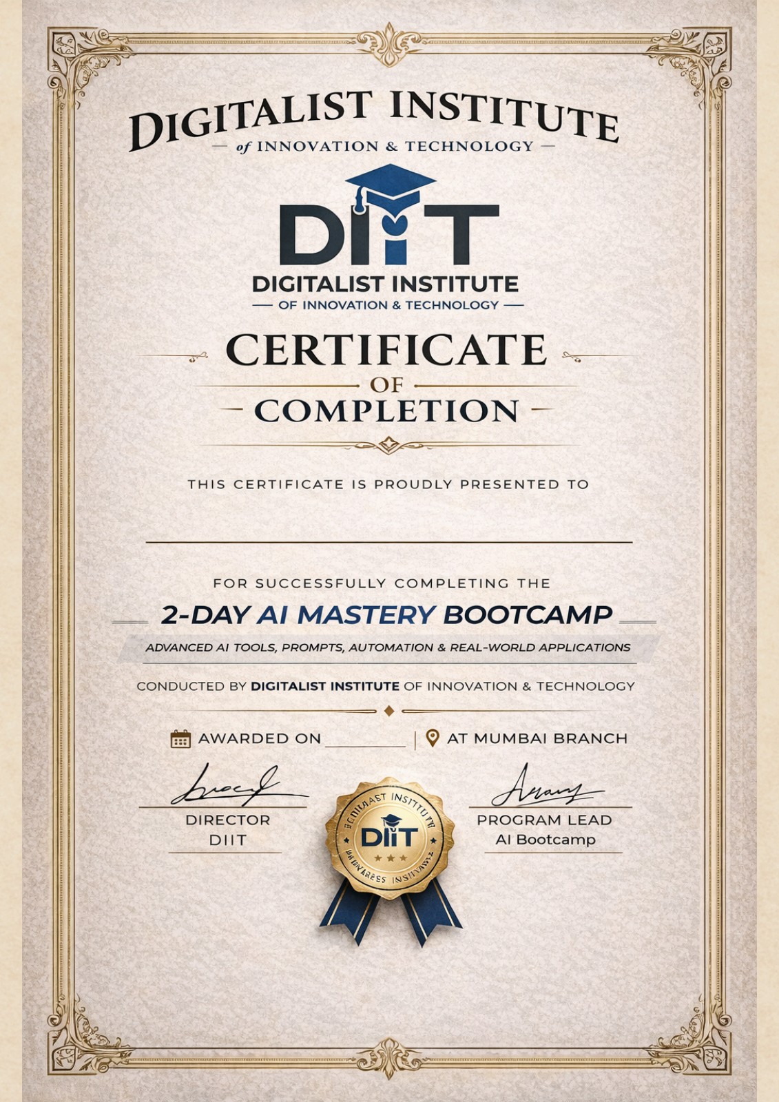 A sample DIT certificate of completion